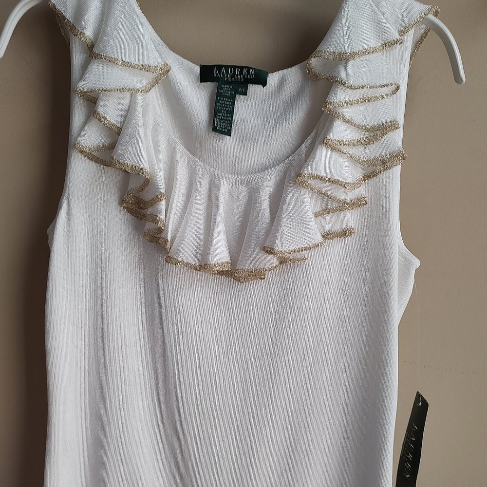 RALPH LAUREN TANK STRETCH KNIT SLVLS RUFFLE NECK WHITE GOLD METALLIC TRIM P/P